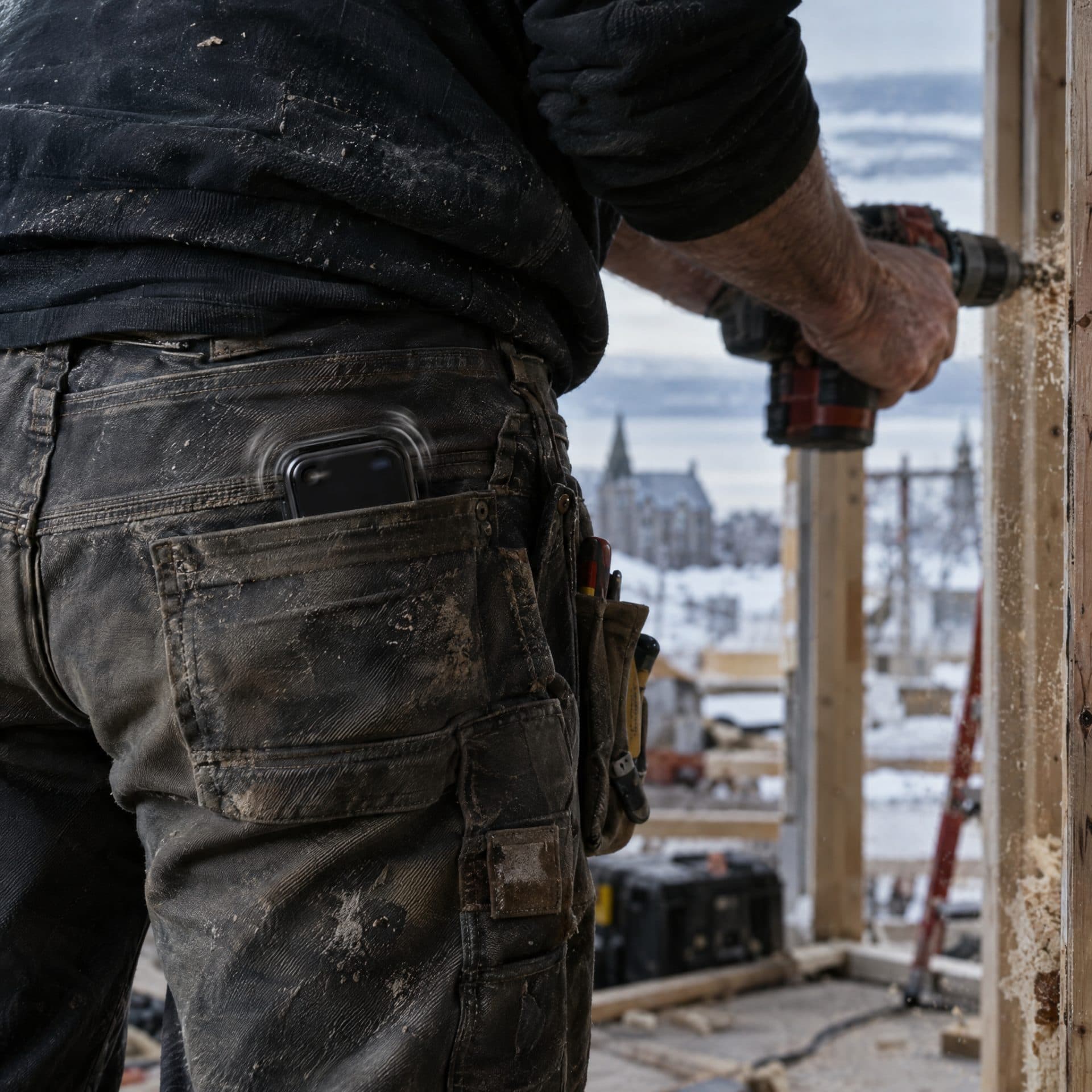 Travailleur de la construction avec un téléphone dans la poche arrière travaillant en hauteur avec la ville en arrière-plan