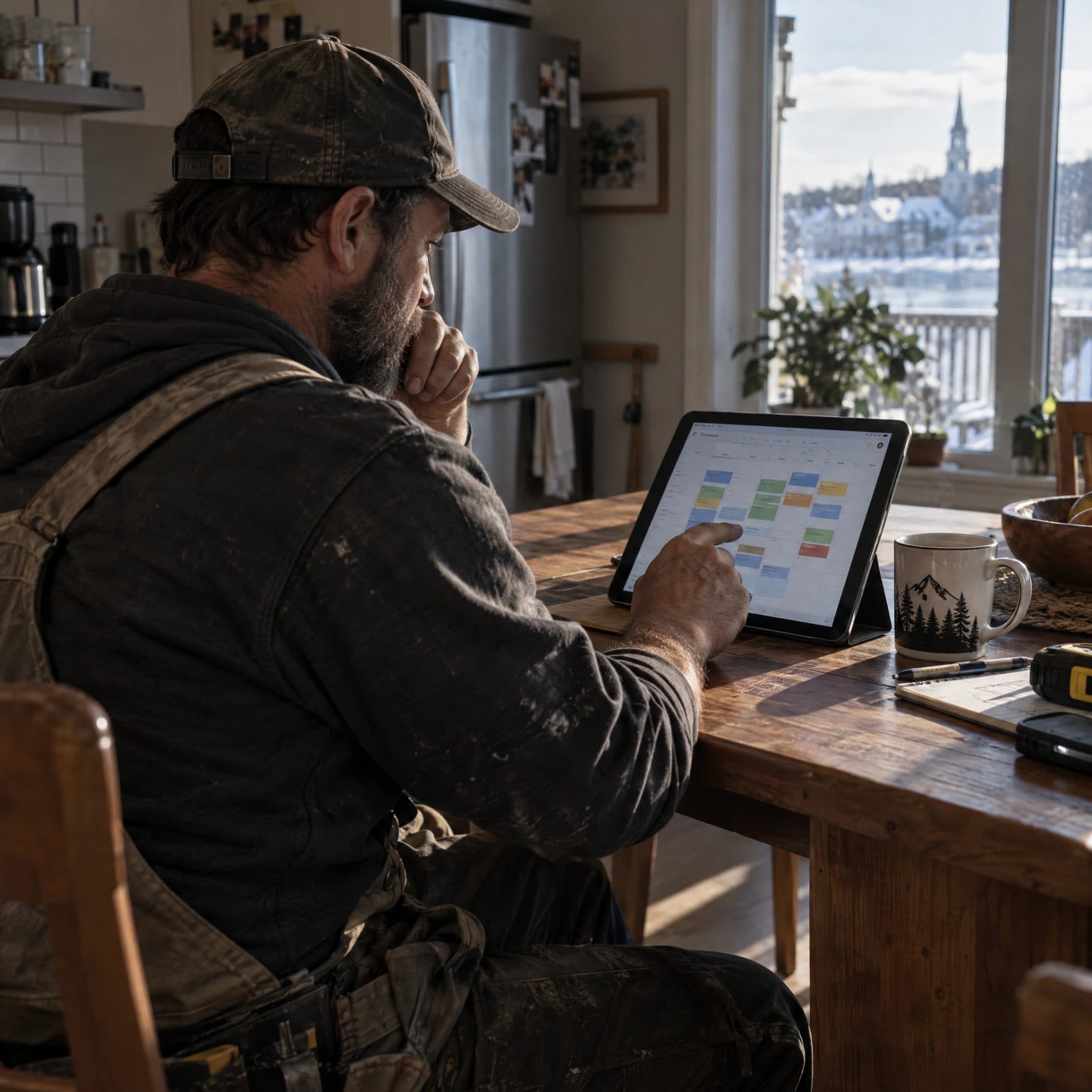 Entrepreneur consultant un calendrier sur une tablette à sa table de travail