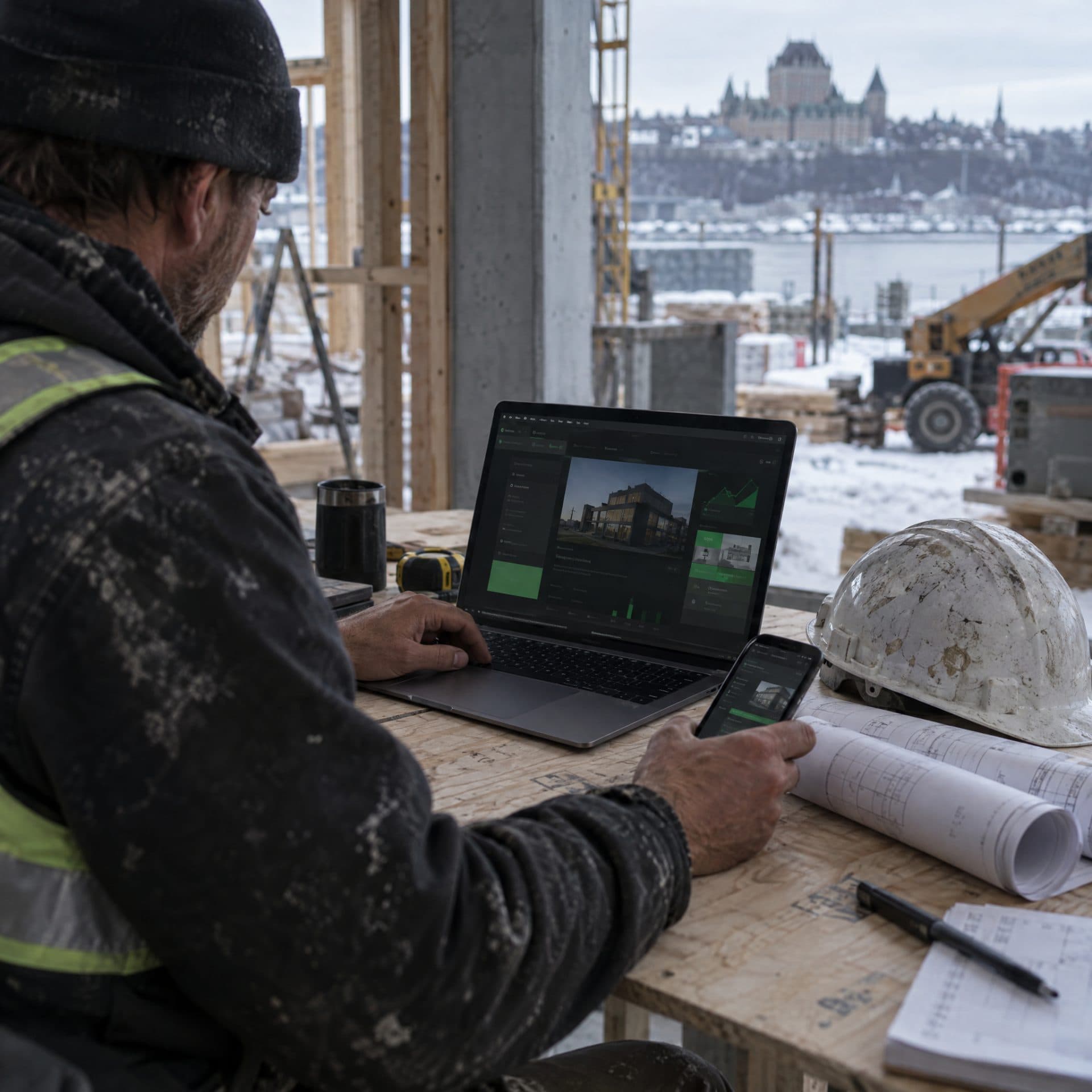 Travailleur de chantier consultant un logiciel d'architecture sur portable et téléphone avec des plans et un casque